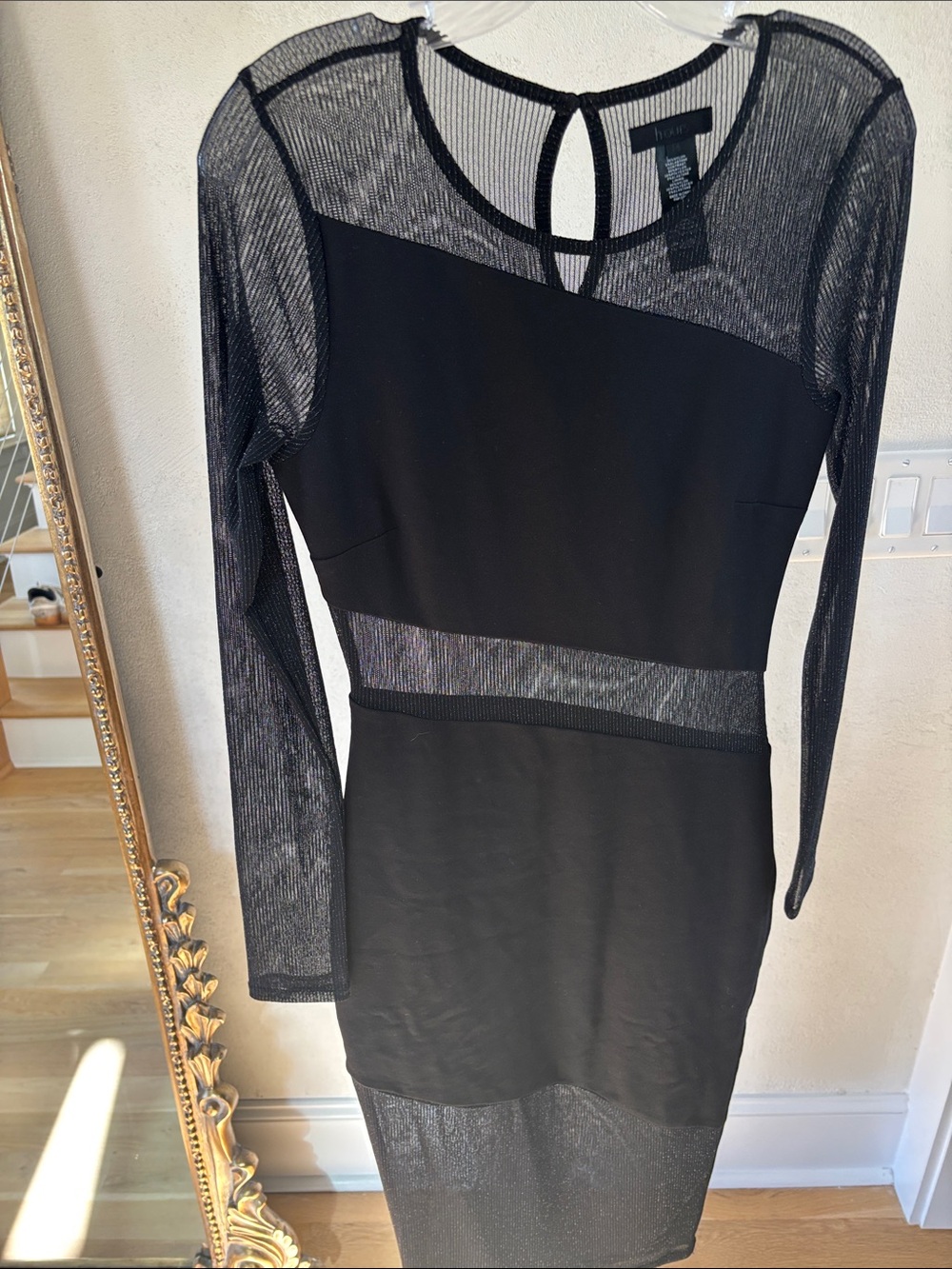 Sheer Panel Black Long-Sleeve Dress